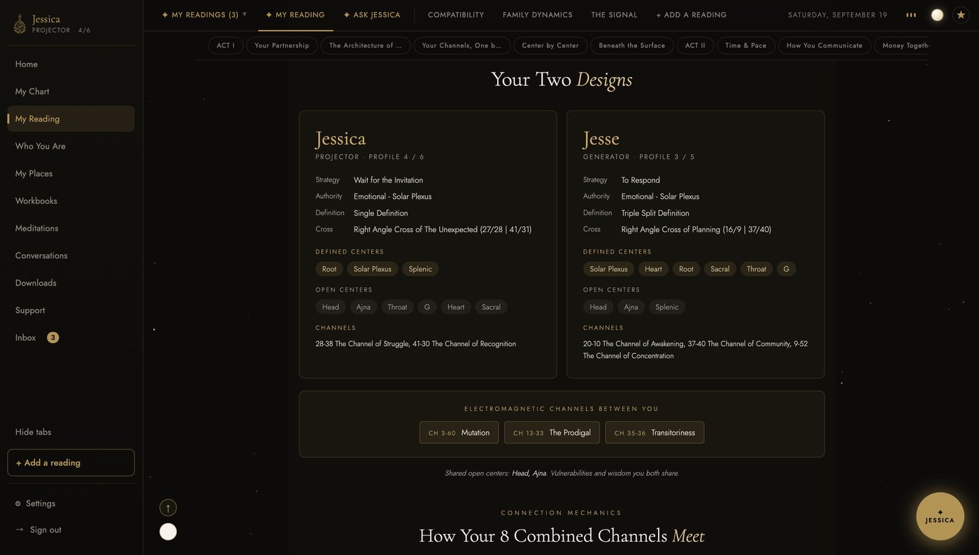 The same Your Two Designs section in the dark theme.