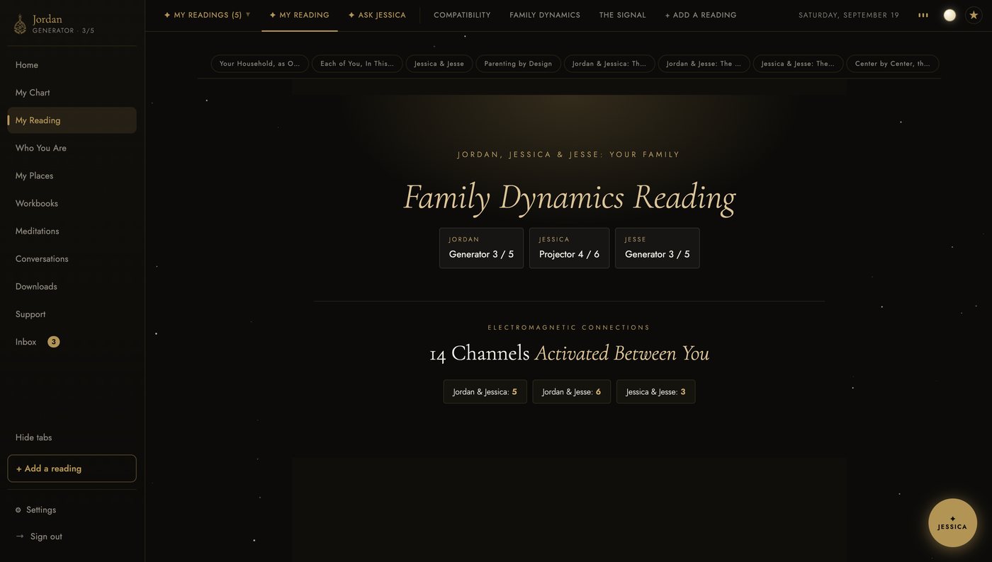 The same opening of the Family Dynamics reading in the dark theme.