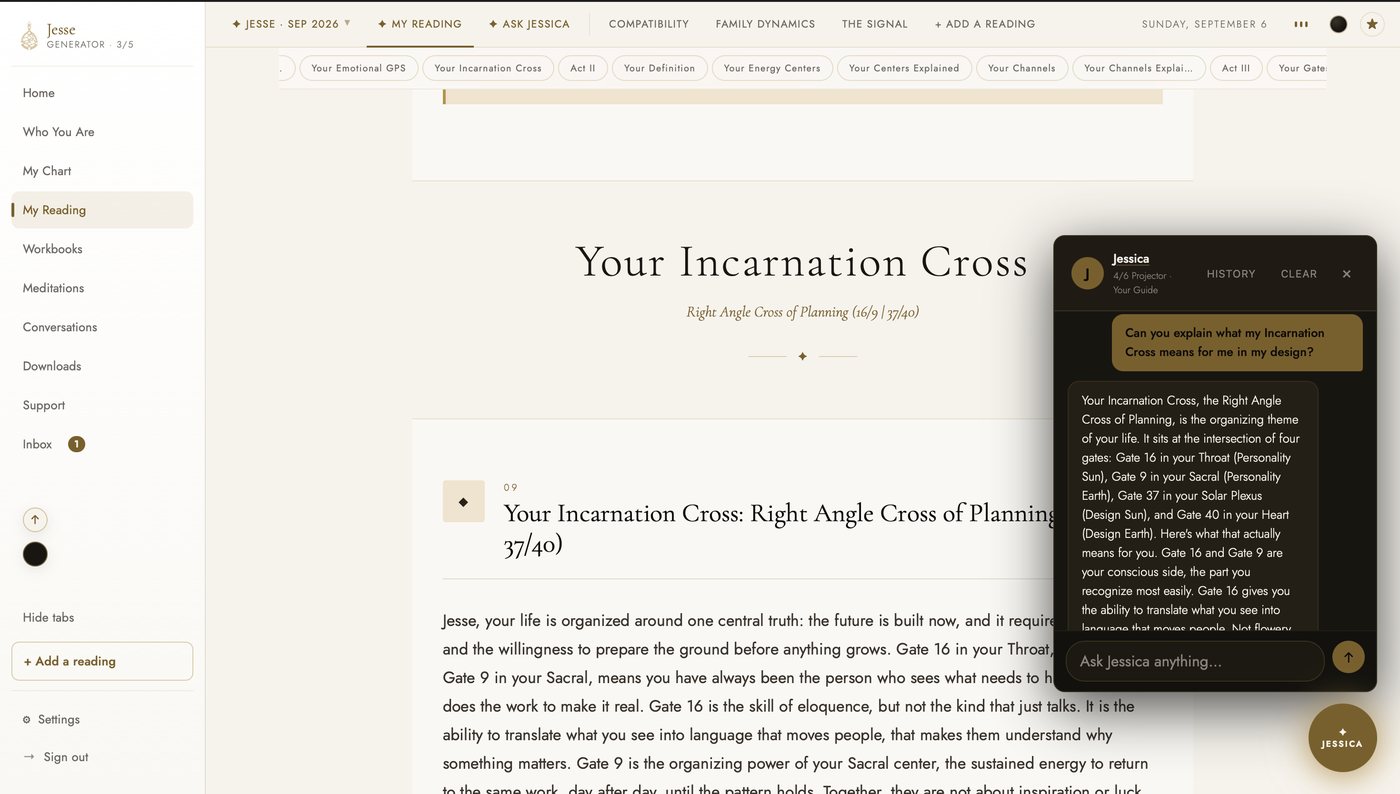 Jessica open over the Incarnation Cross section in the light theme, explaining the Right Angle Cross of Planning from this person's four gates.