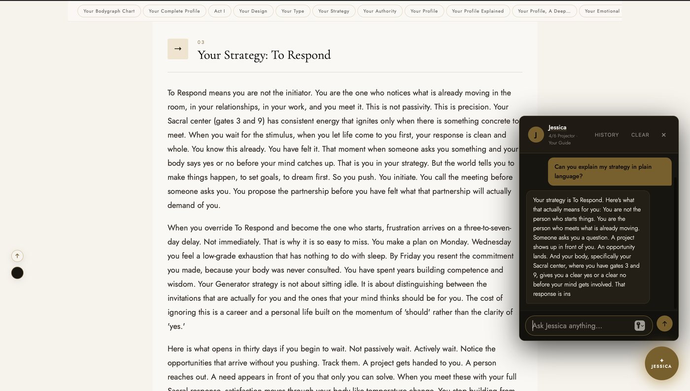 Jessica, your AI guide, open over the Your Strategy section of a reading in the light theme, answering "Can you explain my strategy in plain language?" from this person's own chart.