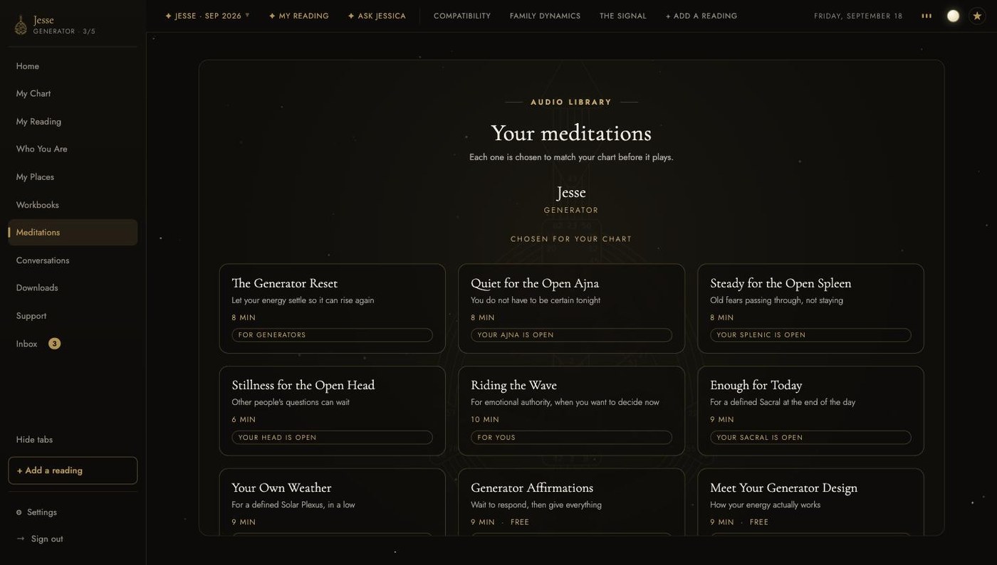 The Meditations tab in the dark theme: the same chosen shelf on near black.