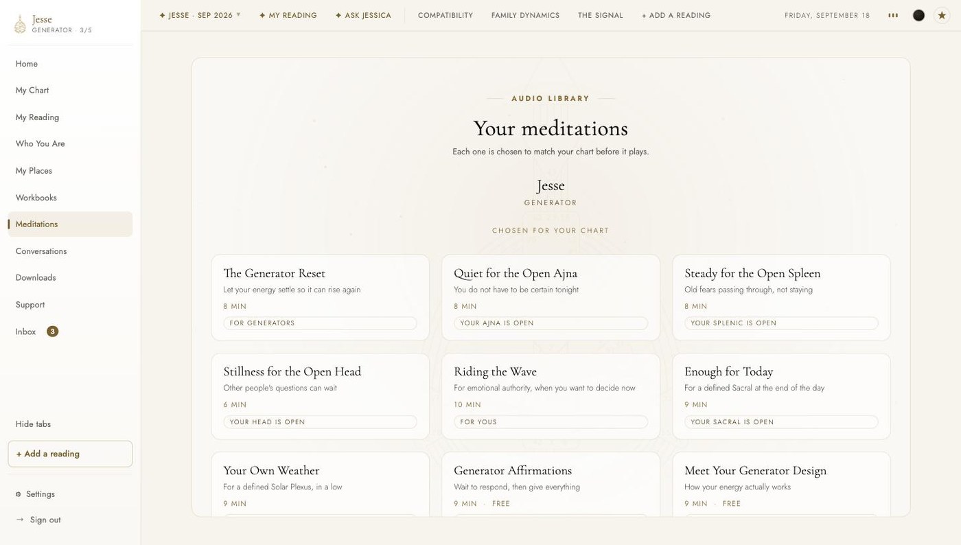 The Meditations tab in the light theme: a Chosen for your chart shelf for a Generator, The Generator Reset, Quiet for the Open Ajna, Steady for the Open Spleen, Stillness for the Open Head, Riding the Wave, Enough for Today.