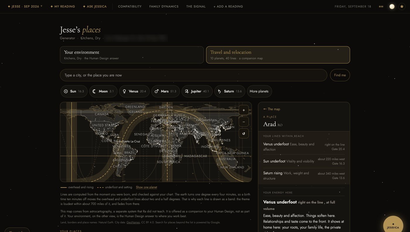 The same map view in the dark theme: gold lines and city dots on a near black world map, with the Arad panel beside it.