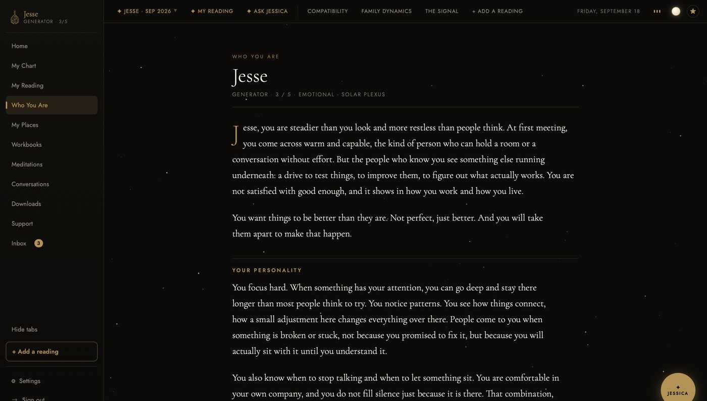 The Who You Are page in the dark theme: the same portrait, with the dashboard rail open beside it.