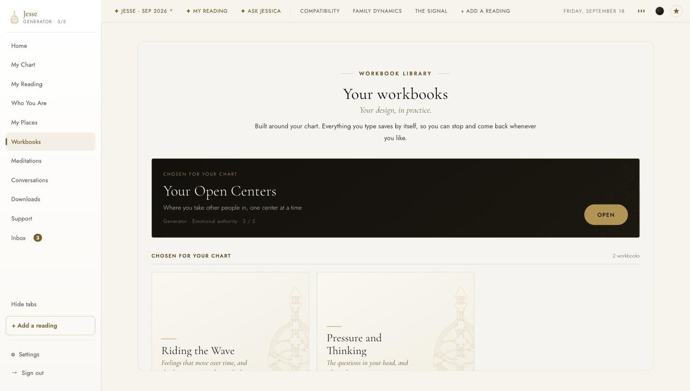 The Workbooks tab in the light theme: a Chosen for your chart shelf with Your Open Centers open at the top, then Riding the Wave and Pressure and Thinking.